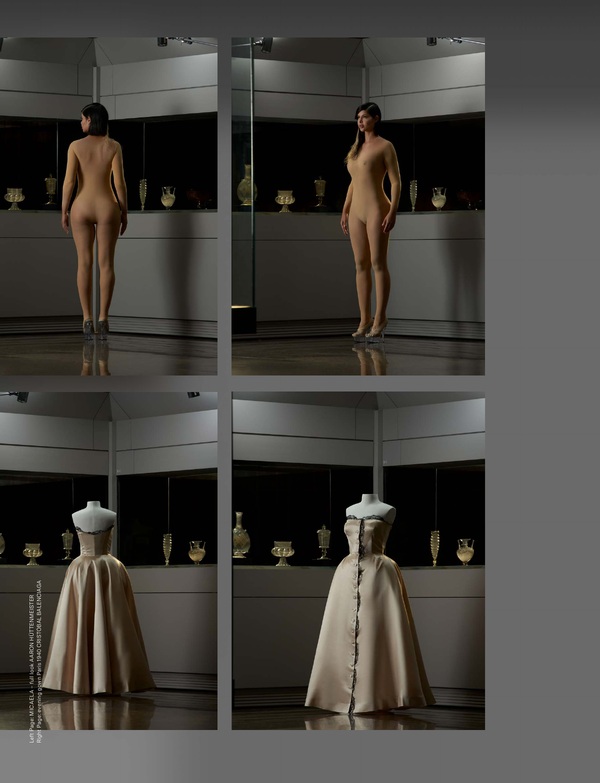 Repeated figures beside a Cristóbal Balenciaga evening gown