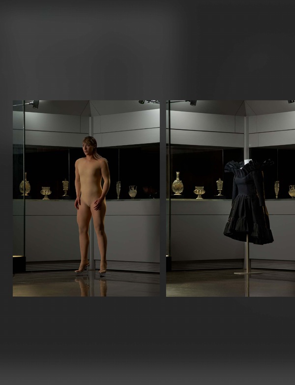 Figure beside an Yves Saint Laurent cocktail dress